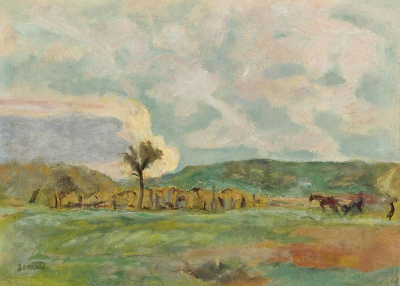 Campagne, Le Labour de Pierre Bonnard, óleo sobre tela que retrata campos vibrantes e luz dourada.