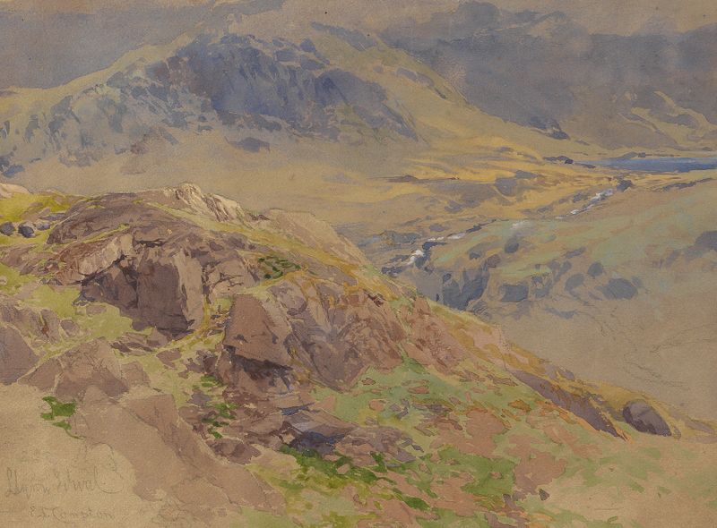 Llyn Idwal landscape by Edward Theodore Compton, oil painting depicting tranquil waters and mountains.