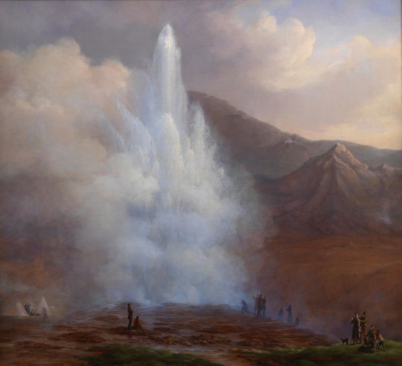 A Erupção do Grande Geyser na Islândia, pintura a óleo de Friedrich Theodore Kloss