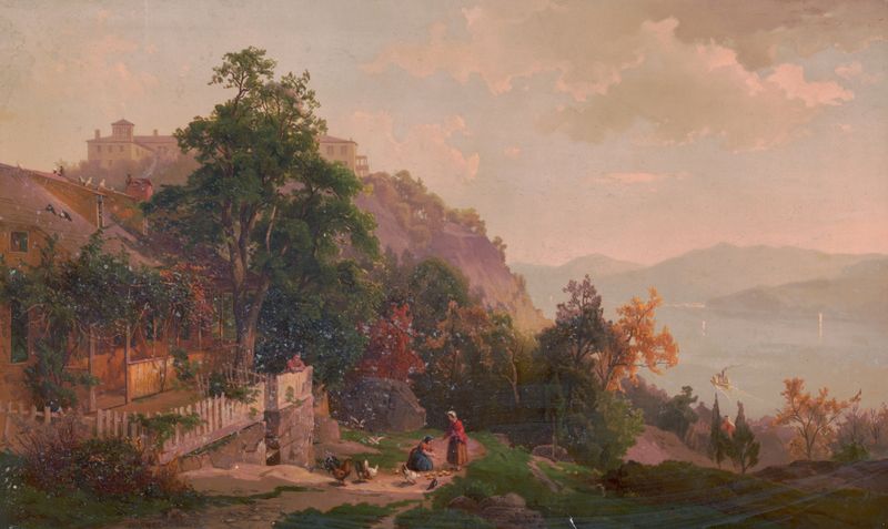 Landscape of the Hudson River with golden light, oil painting by Hermann Fuechsel