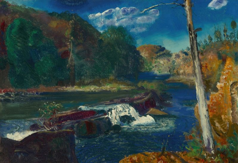 Pintura al óleo Mill Dam de George Wesley Bellows que representa agua azul profunda y un paisaje solitario.