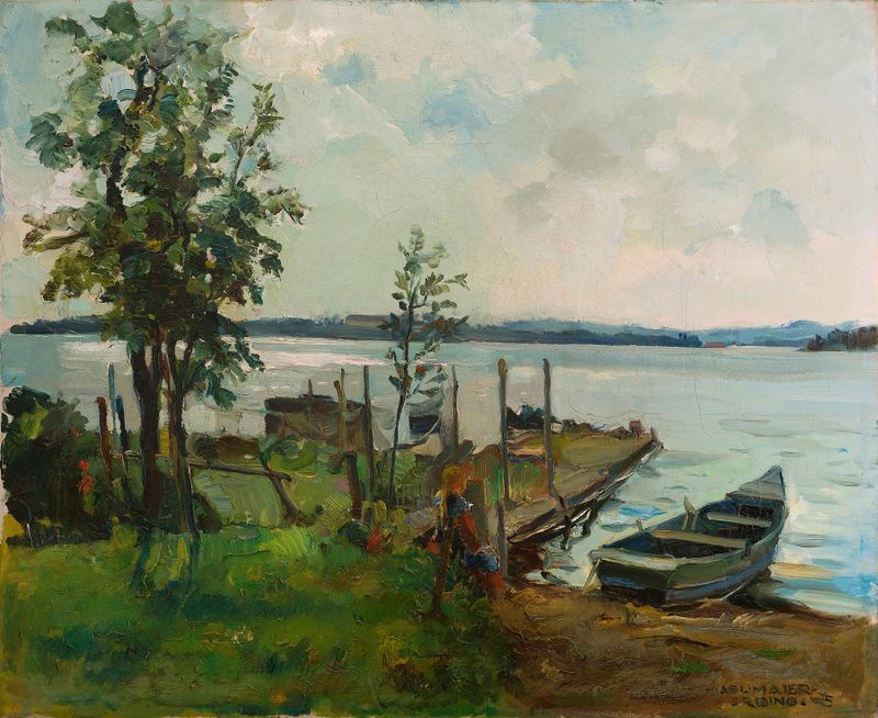 Landscape oil painting by Hiasl Maier-Erding featuring a serene lake and sky.