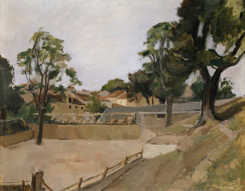 Óleo sobre tela de Max Birrer mostrando uma arena em Collioure sob um céu cobalto.