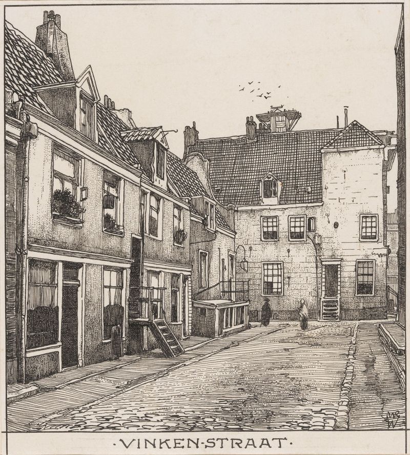 Vinkenstraat te Amsterdam de Willem Wenckebach, pintura al óleo que muestra una escena de calle bulliciosa.