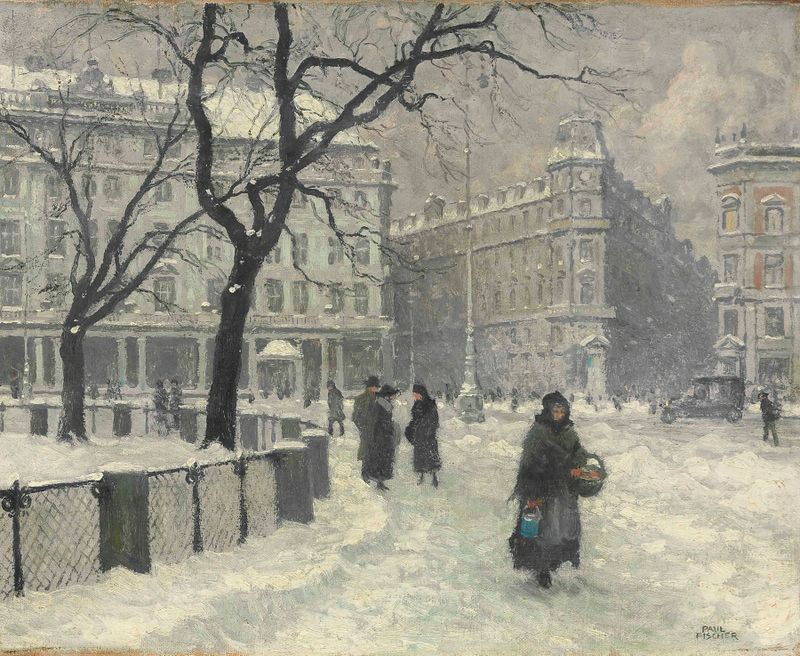 Kongens Nytorv, Copenhagen In Winter by Paul Fischer, oil on canvas depicting a winter landscape with figures.
