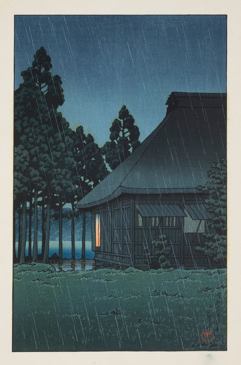 Grabado en madera de Kawase Hasui que representa un salón junto al lago bajo la lluvia de la tarde.
