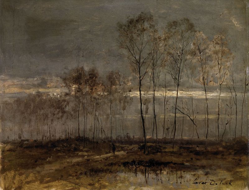 Landscape near Saint-Christophe by César De Cock, oil on canvas depicting green fields and wildflowers.