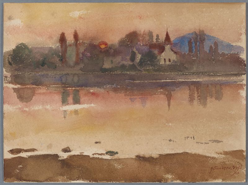 Sonnenuntergang, oil on canvas by Hans Sandreuter, depicting a vibrant sunset over a landscape.