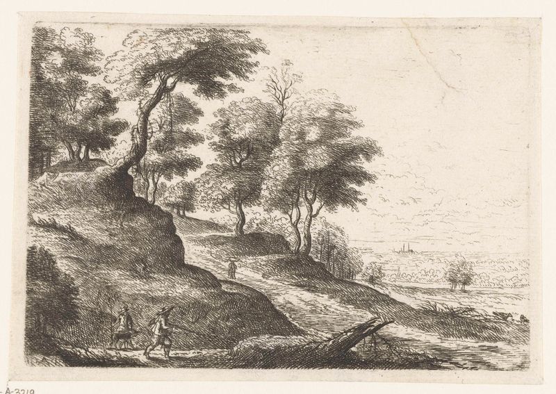 Landschap met twee jagers, etching by Philips Augustijn Immenraet, featuring hunters in a landscape.