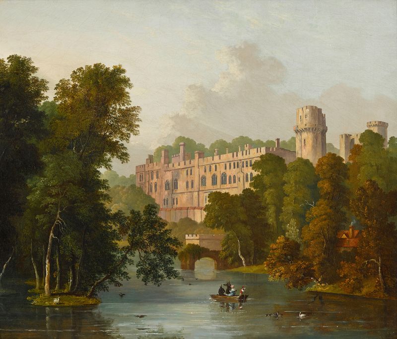 A view of Warwick Castle, oil on canvas by William Westall, featuring towers and a dramatic landscape.