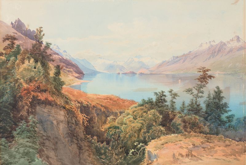 Lake Wakatipu e Mt McIntosh, óleo sobre tela de Nicholas Chevalier
