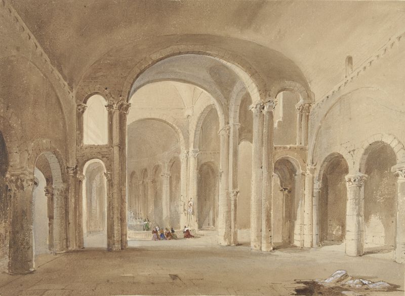 Escena religiosa con figuras arrodilladas en un espacio sagrado, pintura al óleo de Alexis Nicolas Noël