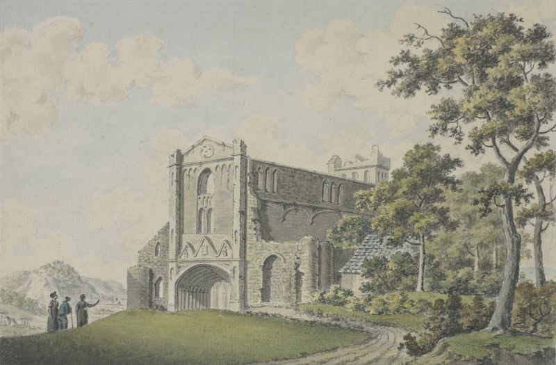 Aquarela de Thomas Hearne mostrando Melrose Abbey cercada pela natureza e nuvens