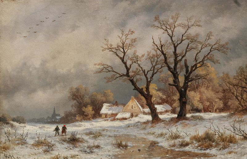 A winter landscape with wood collectors before a small village, oil painting by Remigius Adrianus van Haanen.