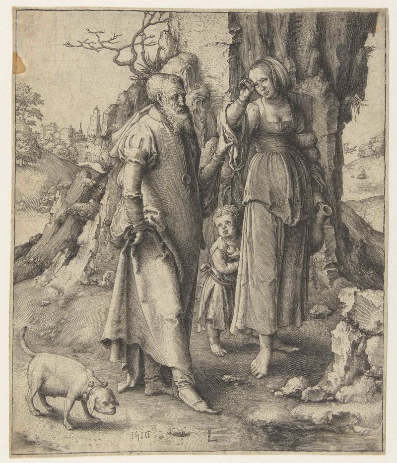 Gravura de Lucas van Leyden que retrata Hagar em silhueta contra um pôr do sol.