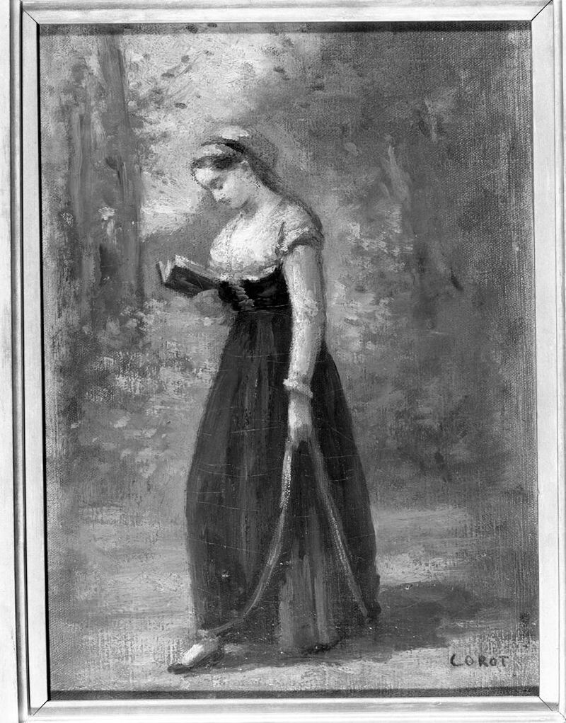 Standing Woman de Jean-Baptiste-Camille Corot, óleo sobre tela, retratando uma mulher em um fundo suave e nebuloso.