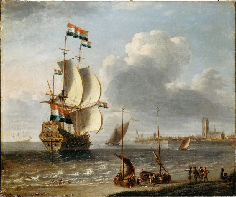 Dutch East-Indiaman sailing at sunset, oil painting by Laureys a Castro