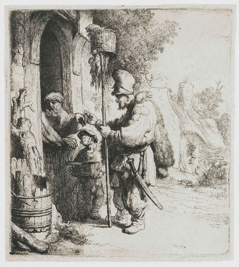 Grabado de Rembrandt van Rijn que muestra un vendedor con ratas.