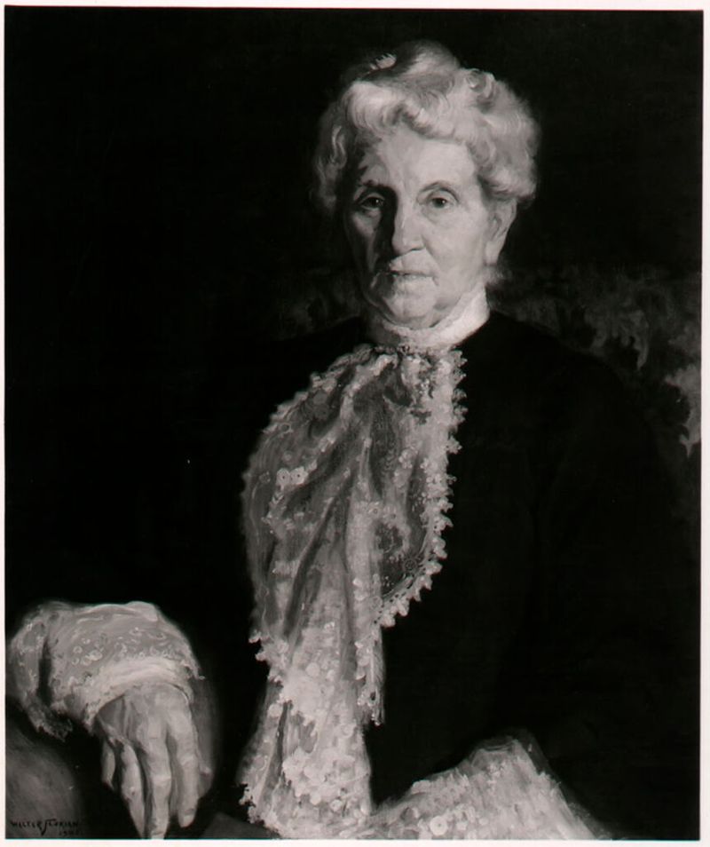 Retrato de Louise E. Bettens, pintura a óleo de Walter Florian, com luz etérea e cores suaves.