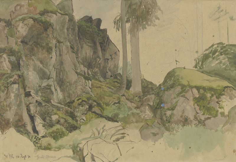 Rocks near St. Blasius, Black Forest de Hans Thoma, óleo sobre tela representando rochas e vegetação