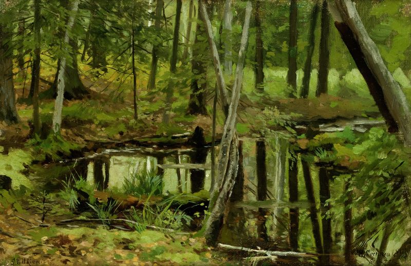 Forest Wilderness de Stanisław Witkiewicz, óleo sobre lienzo que representa un bosque sereno con luz del sol filtrándose e...