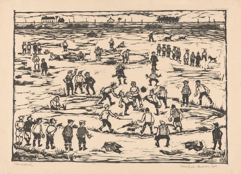Pintura figurativa a óleo de Henk Henriët retratando jogadores de futebol enérgicos.