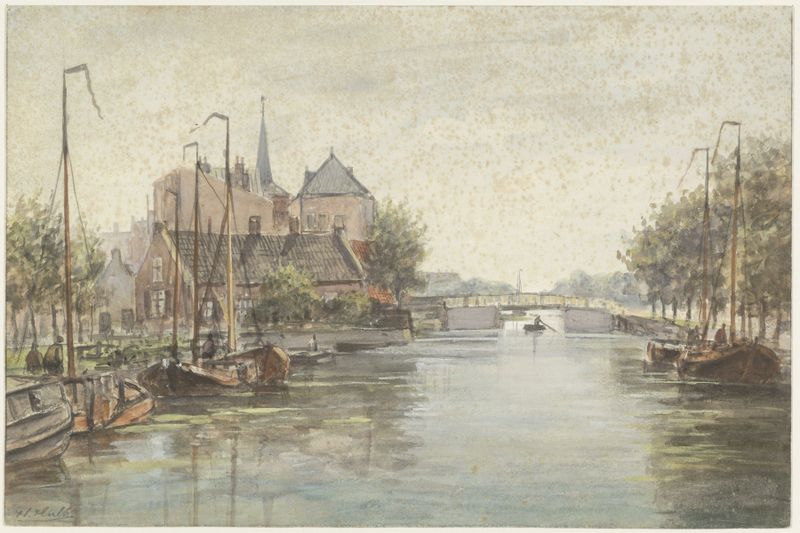 Landscape oil painting by Hendrik Hulk featuring a waterway, bridge, and golden light