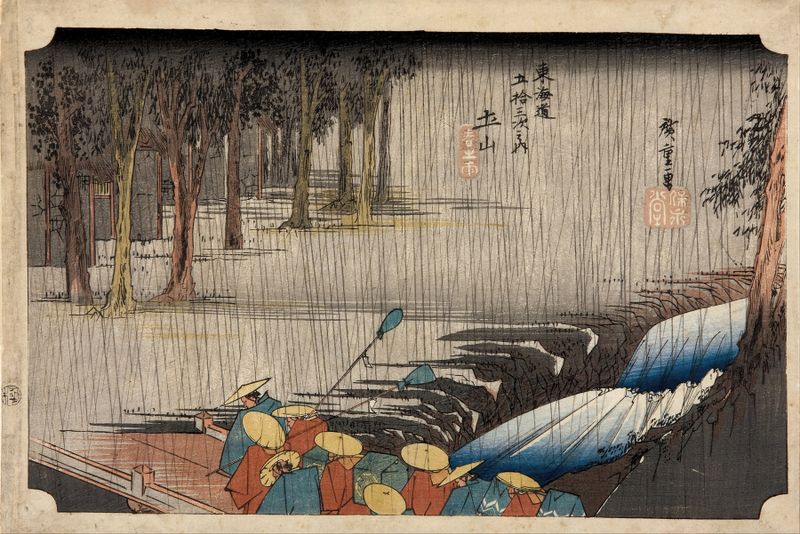 Ukiyo-e de Utagawa Hiroshige retratando a chuva de primavera sobre uma paisagem