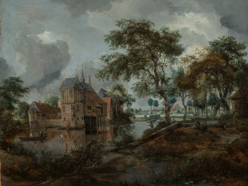 Pintura a óleo de Meindert Hobbema mostrando um castelo em uma paisagem exuberante