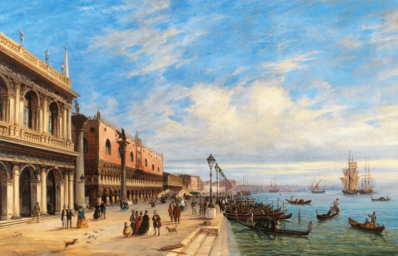 Venice landscape with the Molo, Libreria, and Doge’s Palace, oil on canvas by Giovanni Grubas