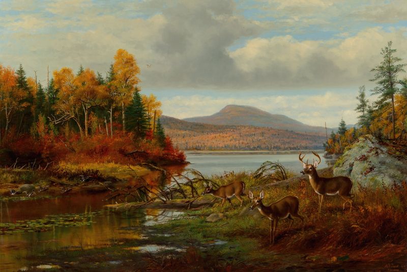 Late Autumn, Long Lake by Arthur Fitzwilliam Tait, oil painting depicting autumn leaves and a tranquil lake.