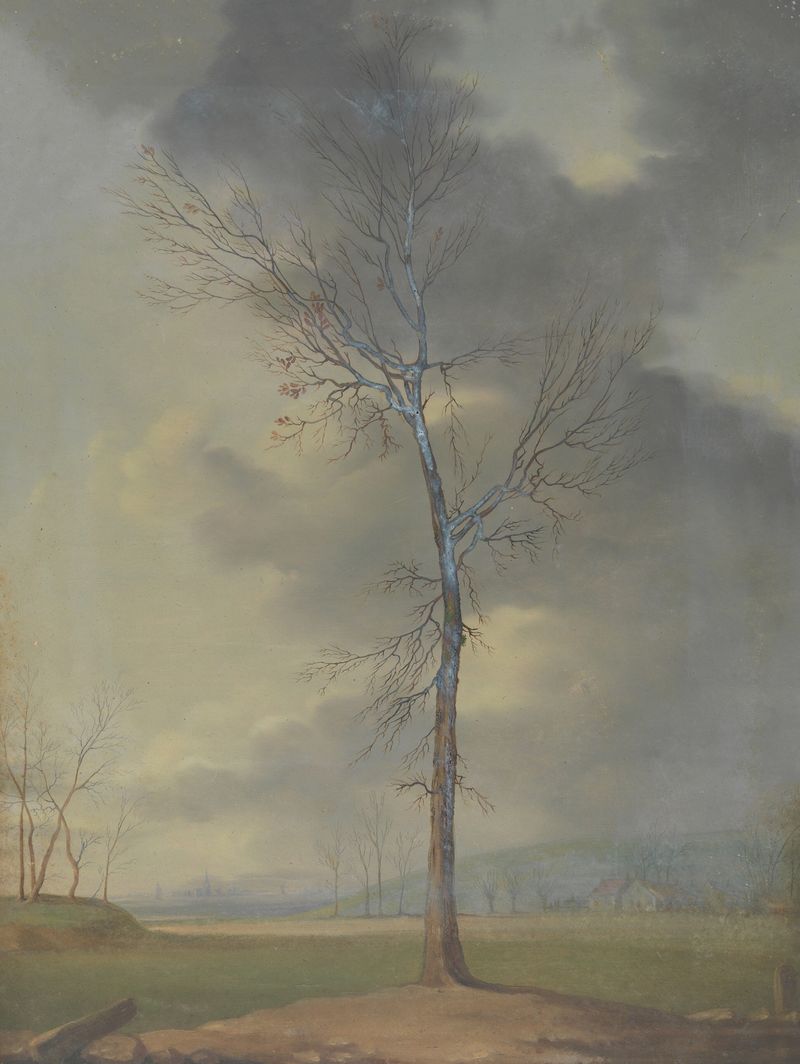 Landscape oil painting by Eugène Joseph Verboeckhoven depicting fields and a colorful sky