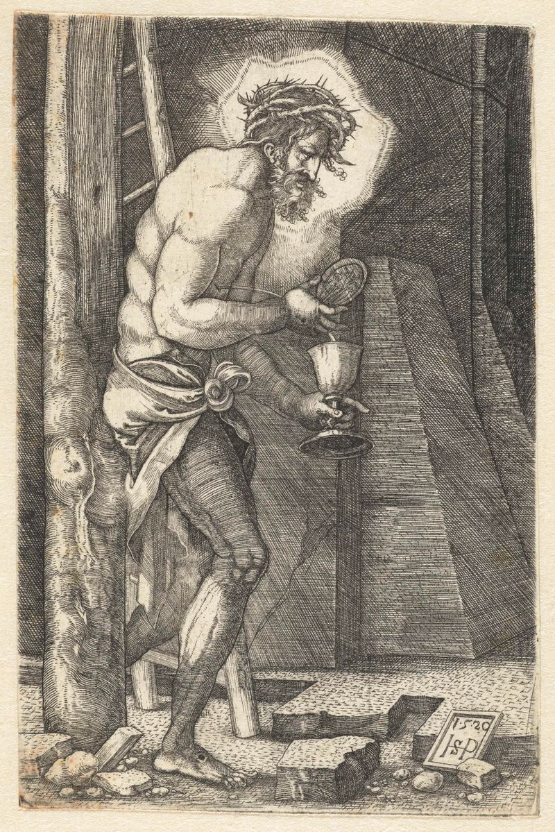 Cristo está de pie al pie de la cruz en un grabado de Hans Sebald Beham