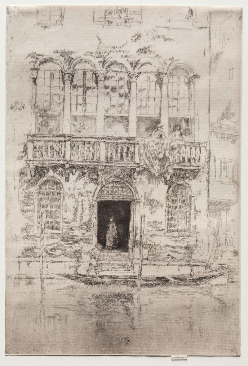 Pintura figurativa a óleo de James Abbott McNeill Whistler mostrando uma figura em um balcão.
