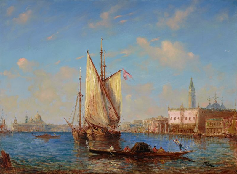 Escena de laguna de Félix Ziem, óleo sobre lienzo, con aguas tranquilas y reflexiones.