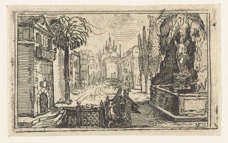 Gravura de paisagem de Unknown Artist com jardim, arquitetura e fontes
