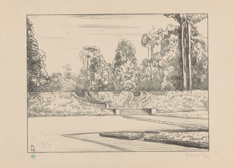 Bordestrap op landgoed Clingendael de Simon Moulijn, óleo sobre lienzo que muestra una escalera en un jardín.