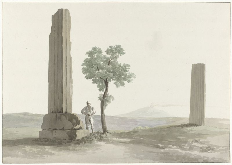 Watercolour by Abraham-Louis-Rodolphe Ducros depicting ancient temple columns and landscape.
