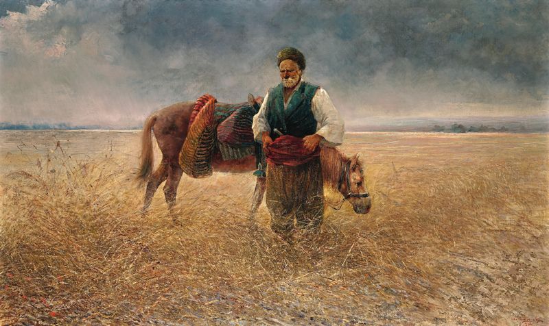 Un campesino y un burro en un campo, óleo sobre lienzo de Ivan Angelov
