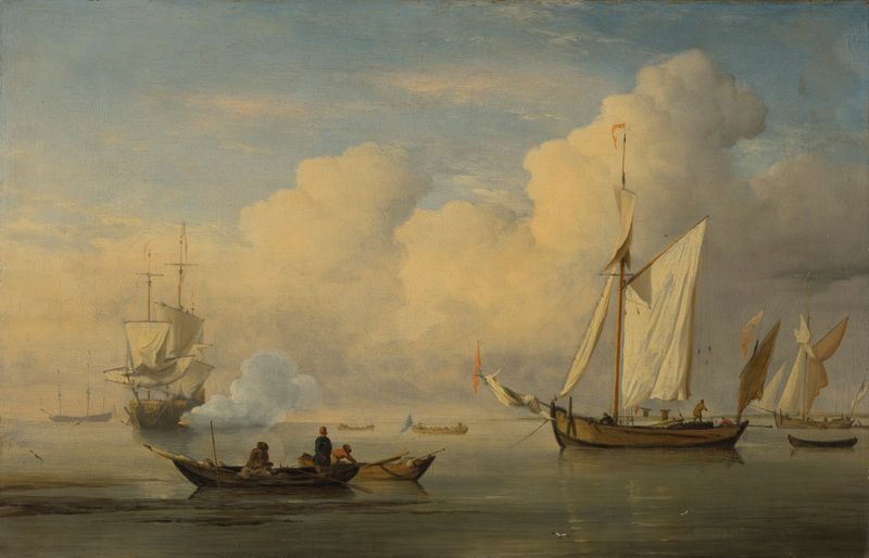 Um galliot e dois barcos de pesca perto da costa, óleo sobre tela de Studio Of Willem Van De Velde II