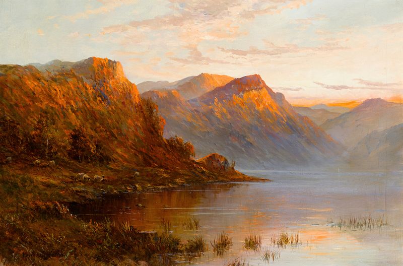 Paisagem de um lago sereno e céu nublado por Alfred de Bréanski, pintura a óleo