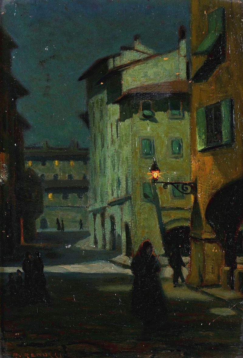 Obra figurativa de Renuccio Renucci mostrando uma figura sob um céu iluminado pela lua, meio desconhecido.