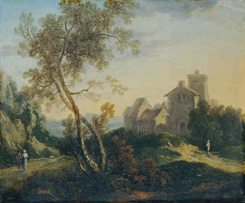 Ideale Landschaft mit Bäumen und befestigtem Dorf (Der Abend) óleo de Johann Christian Brand