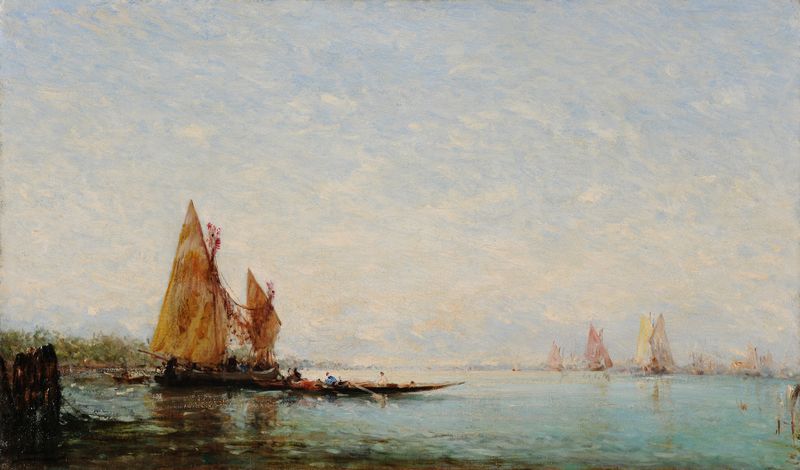 Marine scene by Félix Ziem, featuring sunset over tranquil waters, oil painting