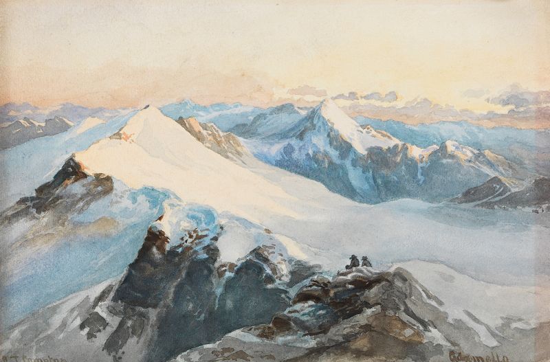 Mountain landscape by Edward Theodore Compton, 1920, depicting twilight and silhouettes.