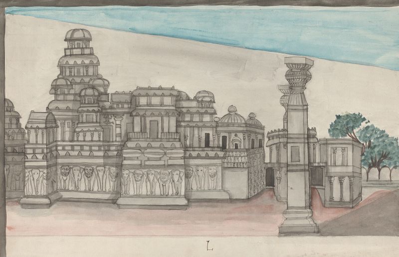 Exterior View of Keylas, pedra de Gangaram Chintaman Tambat, apresentando arquitetura de templo intrincada.