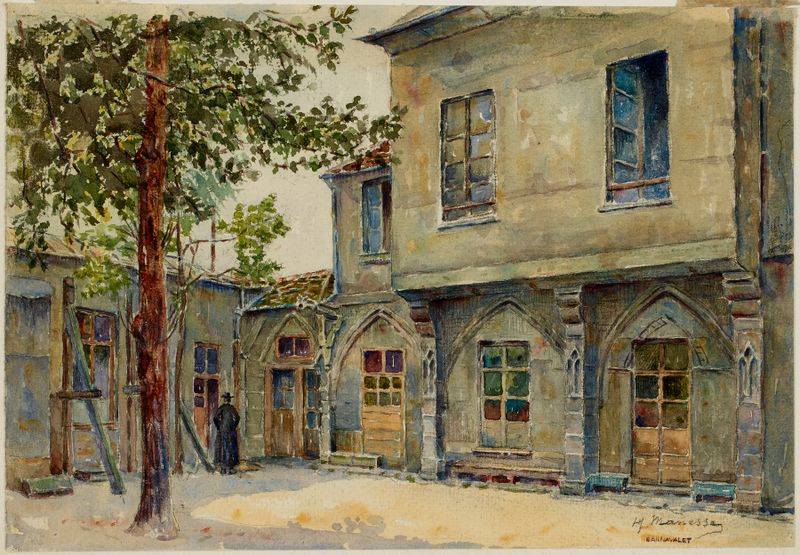 Escena de patio con arcos y paredes de piedra de Georges-Henri Manesse, realismo