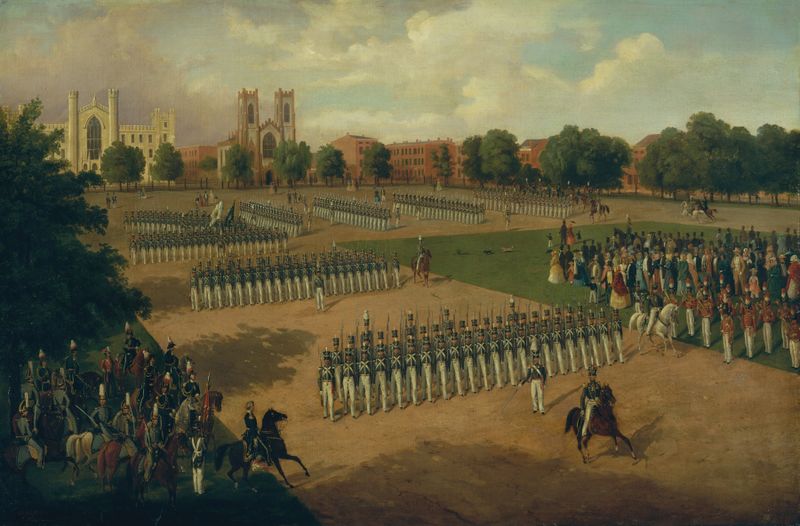 Cena histórica de soldados em uniformes vibrantes na Washington Square por Otto Boetticher, pintura a óleo