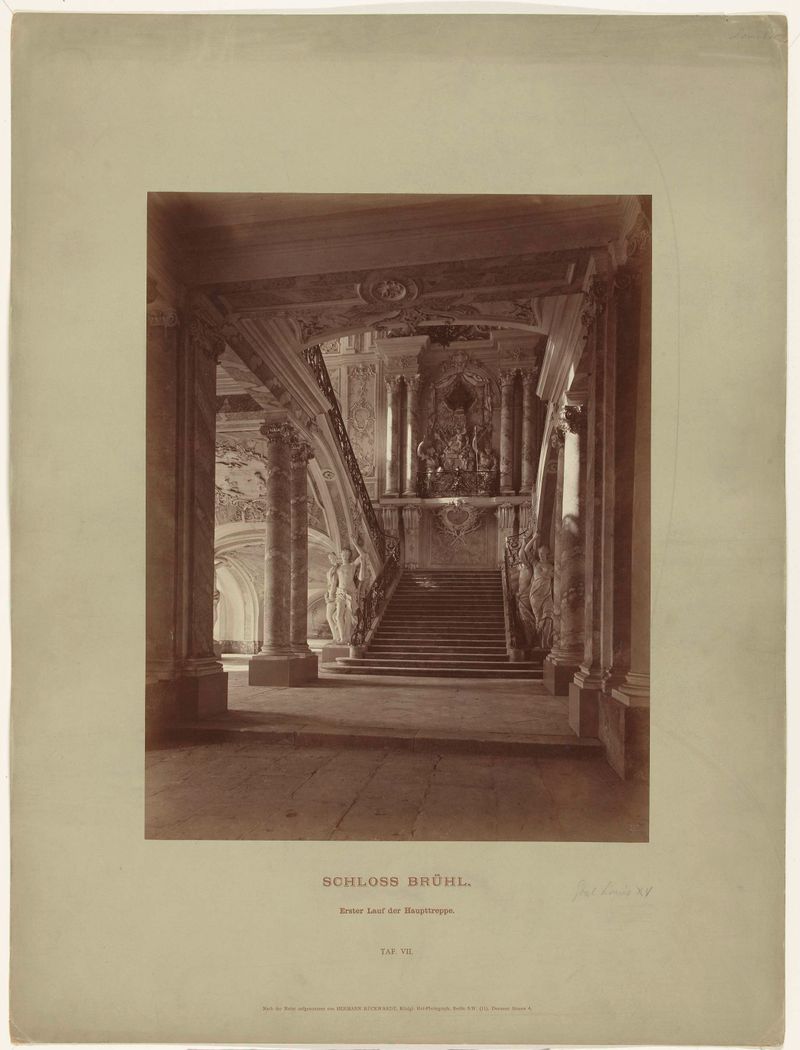 Interior staircase of Trappenhuis van het Schloss Brühl by Hermann Rückwardt, albumen print