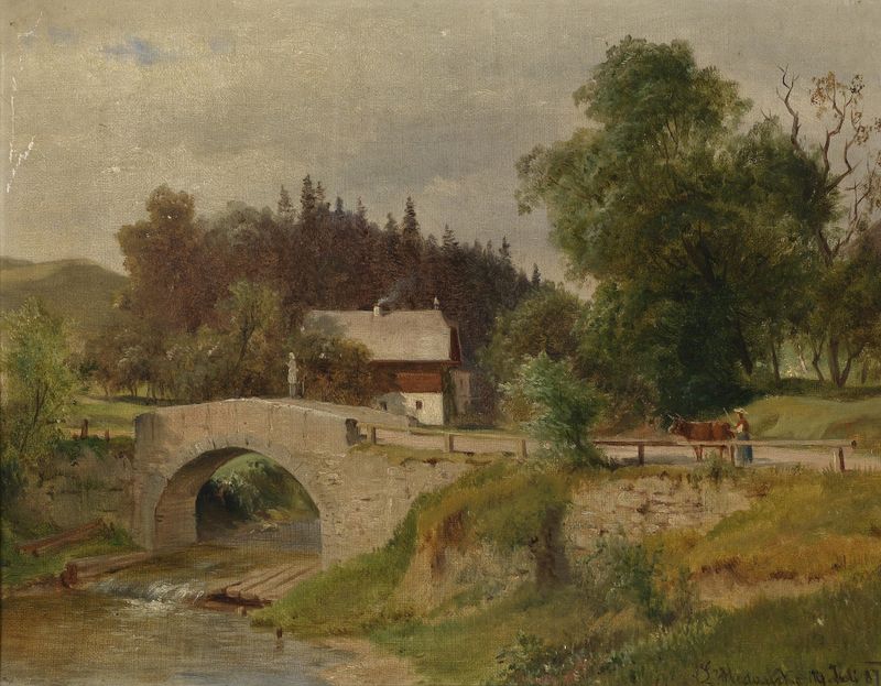 Paisaje con una casa de campo en tonos ocre de Ludwig Halauska, pintura al óleo